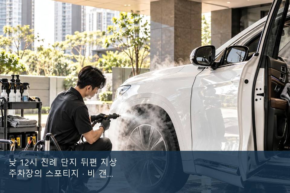 낮 12시 진례 단지 뒤편 지상 주차장의 스포티지 · 비 갠 뒤의 작업
